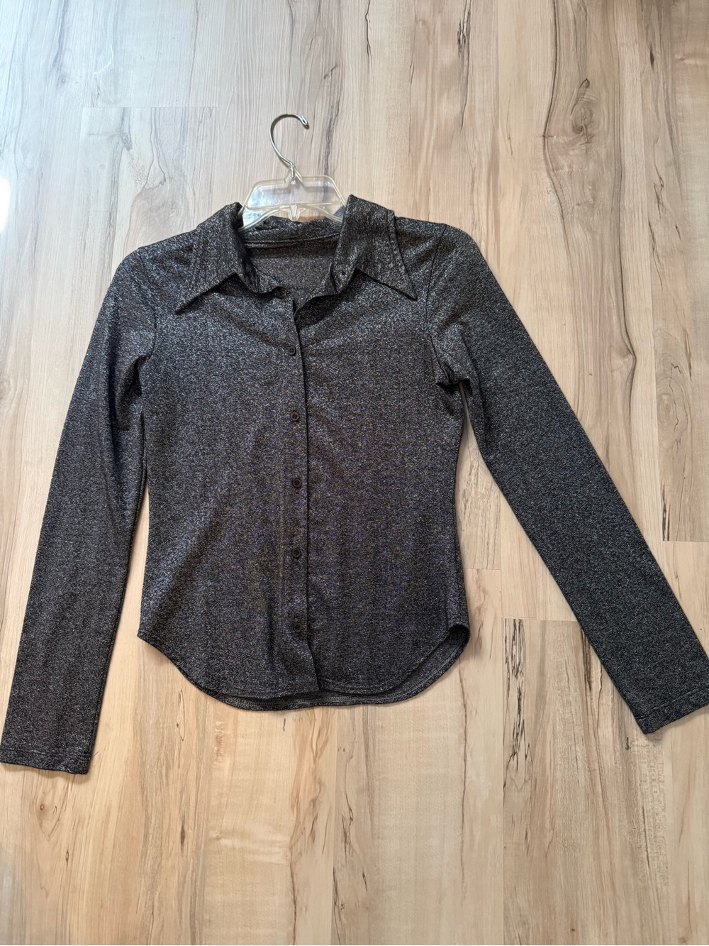 Metallic Black Long-Sleeve Button Front Top